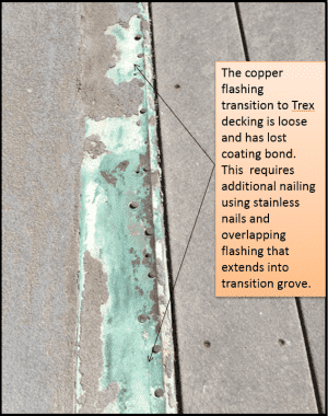 Loose copper flashing that has lost its coating bond